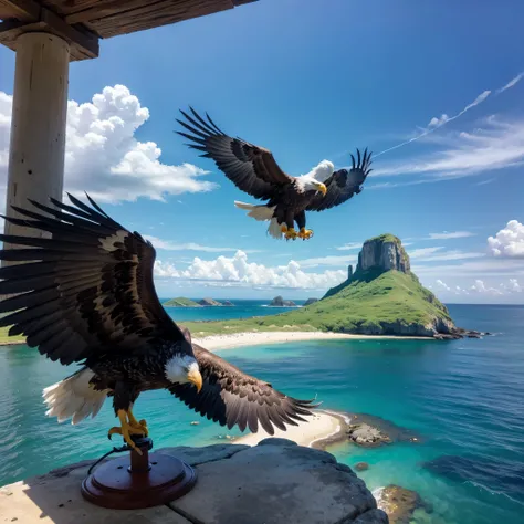 island with an eagle on top of a pole with a view of the sea