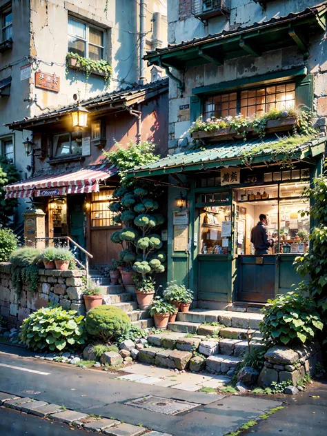 A picturesque street scene in a (quiet:1.3) Japanese town at (dusk:1.2), with a (vibrant:1.4) sky filled with (twinkling stars:1.3) and a (gradient sunset:1.2). On the left side, theres an (old:1.1) building with a (blue awning:1.2) and (illuminated:1.3) s...