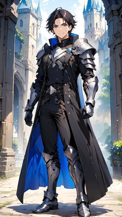 Masterpiece, Best Quality, 1boy, good looking, medium hair, black hair, blue eyes, {black long coat}, open coat, black shirt, full gloves, pauldrons, shoulder armors, silver gauntlet, black pants, silver armored boots, smile, closed mouth, stern look, stan...