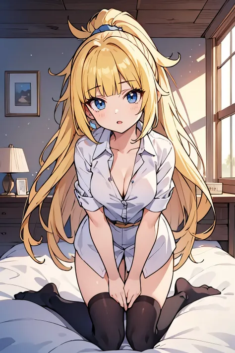 solo girl, (young female body:1.4), ( medium small breasts), knee length hair, yellow long hair, ponytail, voluminous wavy very long yellow hair, extra long yellow hair, hime cut, light blue eyes, cowboy shot, pigtails, dynamic posing, bedroom, kneeling on...