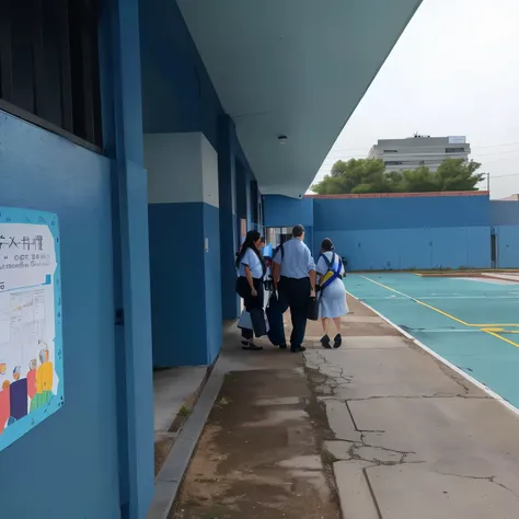 People walking on a sidewalk next to a building with a sign, School Ground, deep image, A wide shot, clean image, inside the primary school, maintenance photo, by Gina Pellón, plano general, plano general, blue uniform, by david rubin, the photo shows a gr...