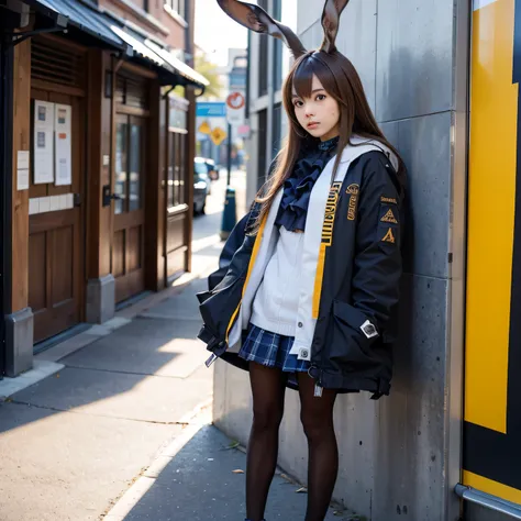 "solo, amiya arknights, beautiful face, leaning on wall, full body shot, outdoor expo event, sunny day, long brown hair, brown r...