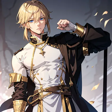 Anime attractive man, 20 year old, blonde hair, very very short ponytail, tall, muscular, white relatively tight casual tunic, black gloves, thin gold lining, solo, one person, knight, rolled up sleeves, gold arm bracers, masculine face