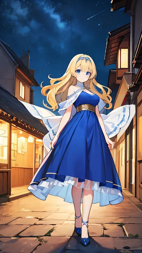 a woman in a village at night, smiling, modest breasts, long blue gown, white shawl, blue heels, blue circlet, wavy blonde hair, blue eyes