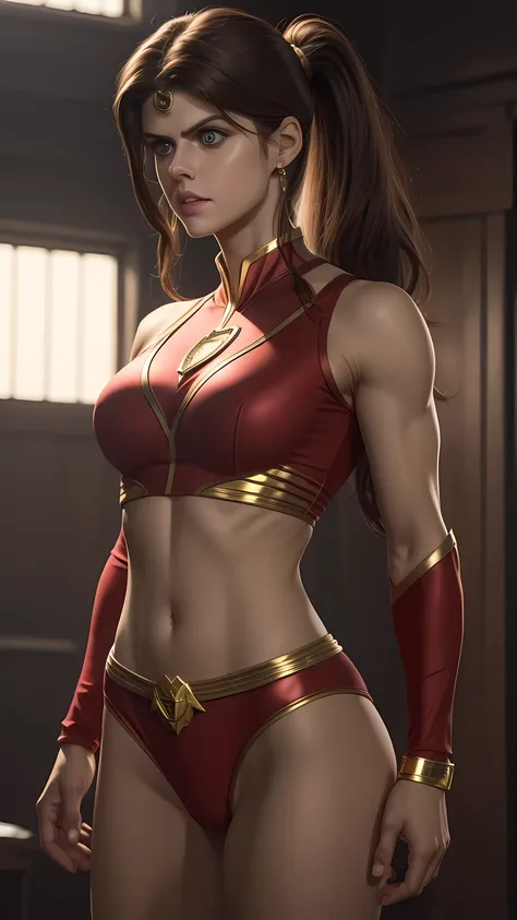 alexandra daddario as a beautiful female superheroine , green eyes brown hair, ponytail, red crop shirt, with a golden Star, wears a golden tiara on forehead with a red gem in her head , golden bracelets, long red boots, and small red shorts portrait photo...