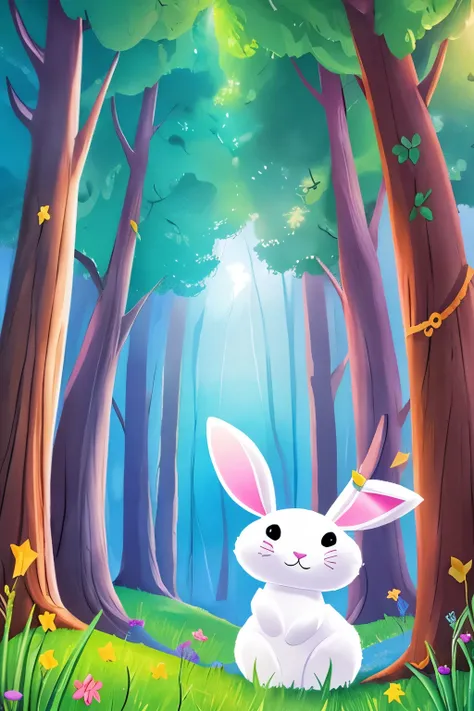 magical forest with colorful trees, with a white rabbit, glad, animadas, fluffly, drawning