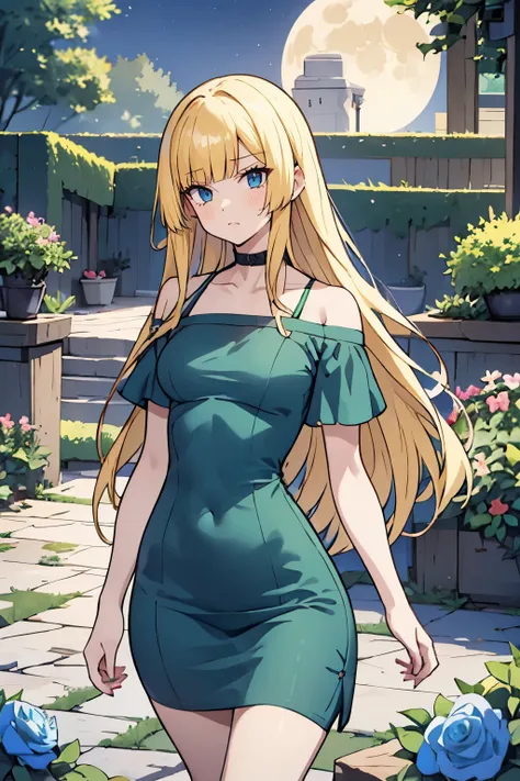 fairy_tail_style, solo, 1 girl, cowboy shot, (young female body:1.4), (medium small breasts), long disheveled hair, golden yellow wavy hair, extra long hair, blunt bangs, crystal blue eyes, very detailed blue eyes, mansion garden, standing on a cobble path...