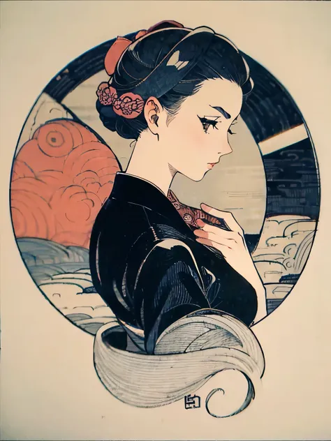 ukiyo-e, 50s woman, short hear, white back