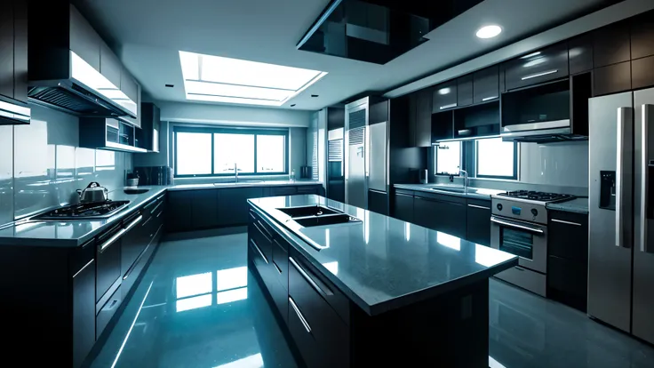 scifi, cyberpunk, clean, futuristic, kitchen, daylight, much space, wide angle