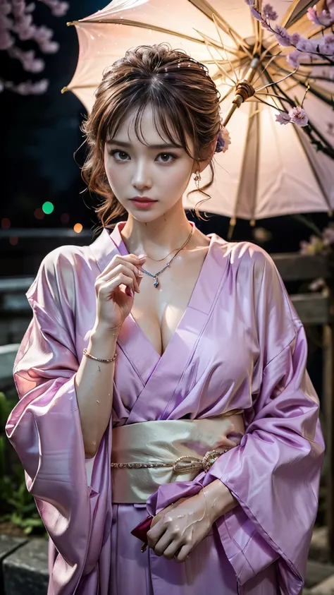 (RAW shooting, Photoreal:1.5, 8K, highest quality, masterpiece, ultra high resolution), ((after the night rain)), Highly detailed skin and facial textures:1.3, perfect dynamic composition:1.2, (In front of a shrine at night in a modern city, Cherry blossom...