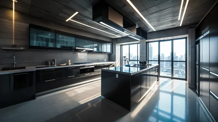 scifi, cyberpunk, clean, futuristic, kitchen, hightech, daylight, much space, wide angle