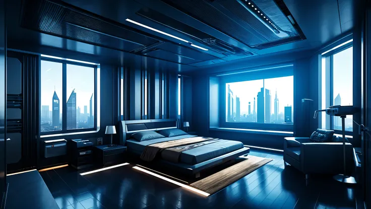 scifi, cyberpunk, clean, futuristic, bedroom, hightech, daylight, cozy, much space, wide angle