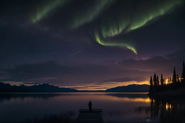 Extremely detailed scene, evening, countryside, lakeside, summertime, nighttime, silhouette of a couple sitting on a dock overlooking a lake, full moon, stars, meteor, northern lights, trees and mountains in the distance, detailed cinematic, 