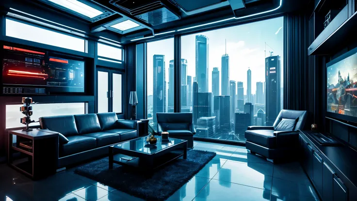 scifi, cyberpunk, futuristic, livingroom, hightech, daylight, cozy, much space, wide angle, a lot of tech, year 2088