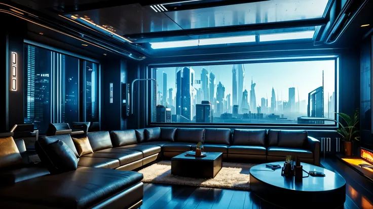 scifi, cyberpunk, futuristic, livingroom, hightech, daylight, cozy, much space, wide angle, a lot of tech, year 2088