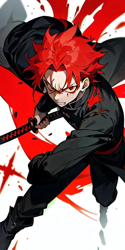 Man with red hair and eyes that burn with intense fury, He only wears the black uniform of the demon slayer hunters and has a katana between his arms., He is full of scars all over his body that terrify anyone, demon slayer art (アニメ)