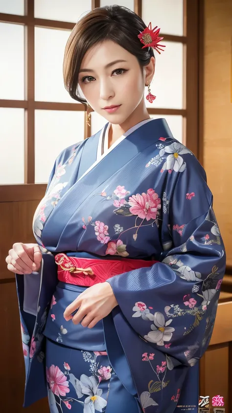 4K, Realistic,Very detailed、Japanese hairstyle with a kanzashi (hair ornament)、Gorgeous Japanese clothing、(((Burstingly Big Breasts)))、((Tight abdomen))、Soft Theme,Age 25、smile、(((Yakuza wives)))、((Pistol))、(Expensive obi)、((Carp pattern))、((Delicate paint...