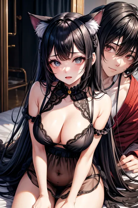 Young woman, cat ears, black hair, on the knees, two men, transparent nightie, Ahegao, high quality, full screen