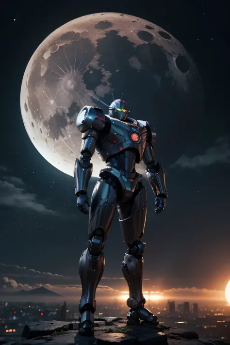 realistic robot, anime style, background battle, giant moon in the background