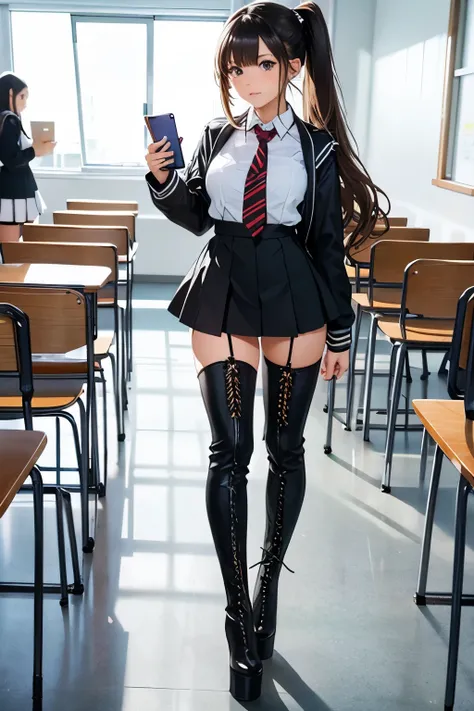 thigh high boots, platform boots, girl, teenage girl, high heels, lace up boots, ponytail, school girl, school uniform, classroom, standing