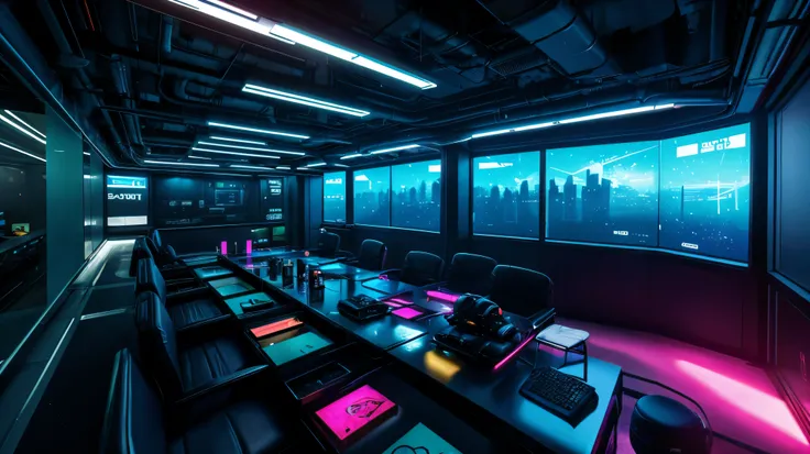 scifi, cyberpunk, futuristic, office, hightech, daylight, cozy, much space, wide angle, a lot of tech, ambient light, year 2088, cinematic