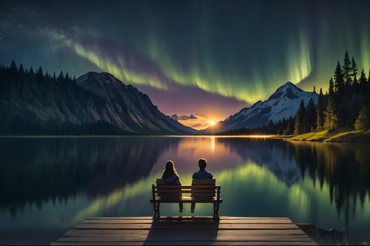 extremely detailed scene, evening, countryside, lakeside, summertime, nighttime, silhouette of a couple sitting on a dock overlo...