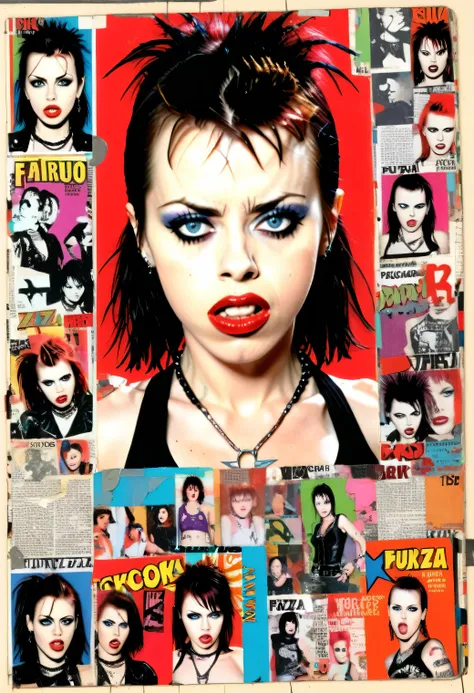 fairuza balk punk collage 1980's rockstar comic book collage on a journal page colorful rgb colors scrap book high saturation