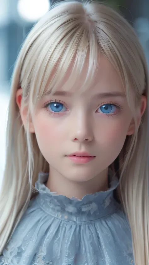 highest quality、8K Masterpiece、Ultra-high resolution、(Realistic:1.3)、RAW Photos、14 year old girl of Scandinavian descent with shiny blonde hair、Silvery blonde hair、Super long straight hair、Bangs between the eyes、bangs over eyes、片bangs over eyes、Bangs betwe...