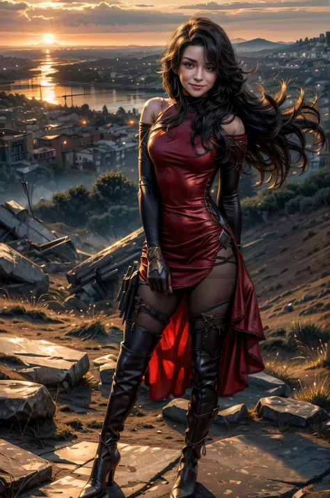 (masterpiece, best quality:1.2), cowboy shot, solo, 1girl, cinder fall, smiling, looking at viewer, long hair,  red dress, elbow gloves, pantyhose, standing on hillside, overlooking burning city, (volumetric lighting), sharp focus, hyper detailed 