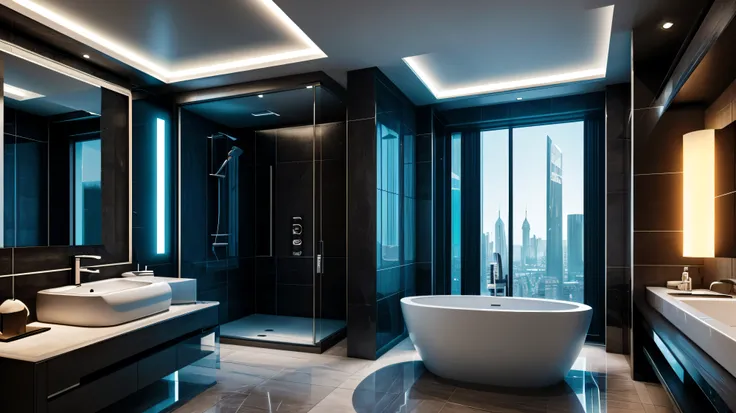 luxury bathroom, architectual, scifi, cyberpunk, futuristic, hightech, daylight, wide angle, realistic view, ambient light, chilled ambient, year 2124, cinematic