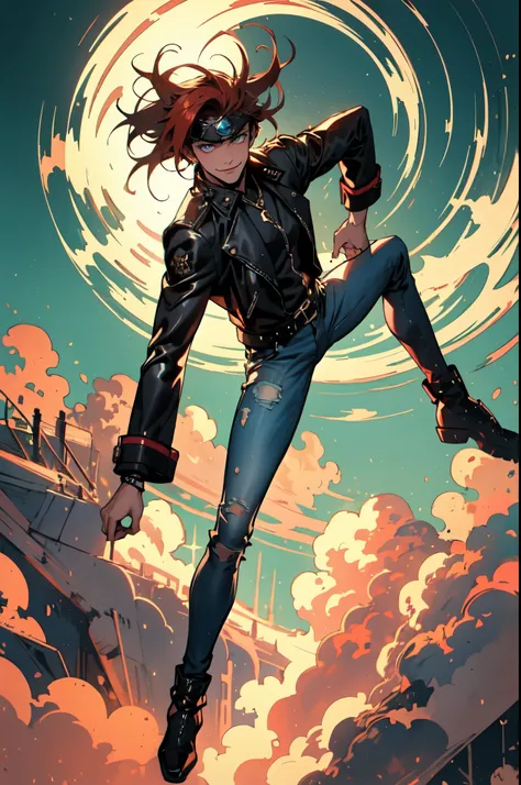 (masterpiece:1.2, best quality:1.2, extremely delicate:1.2), ((male:1.5)), a young man with messy red hair, a leather strap tied around his forehead, a handsome face, bright eyes, a rebellious smile, a slender build, a futuristic fantasy-style black and wh...