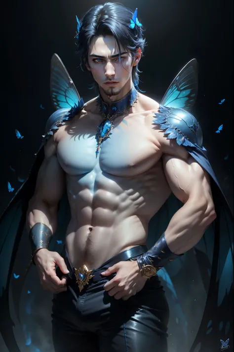 (8k,photorrealistic　RAW photograph　Maximum quality;1.4) (1 young boy) Super handsome king of the underworld　(lifelike face) 　(far away, hair with highlights to the side in blue colors)　slenderbody　full of hair, eyeballs, muscular guy　grandes eyeballs cor-d...