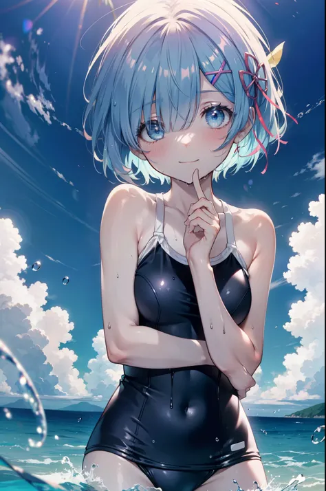 rezeroRem, Rem, blue eyes, Blue Hair, hair ornaments, Hair on one eye, hair ribbon, short hair, x hair ornaments,School Swimsuit,barefoot,Water Play,Wet Hair,Wet swimsuit,Wet Skin,True Summer,Clear skies,Daytime,smile,whole bodyがイラストに入るように,
break outdoors,...