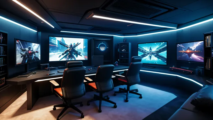 scifi, cyberpunk, futuristic, pc gaming room, hightech, daylight, very cozy, much space, wide angle, a lot of tech, 3 flat curved monitors, monitor ratio 21:9, hightech gaming-chair, monitor size 34 zoll, realistic view, ambient light, chilled ambient, yea...