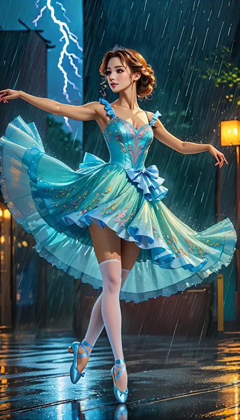 a portrait of female classical ballet prima ballerina dancing in the rain, a full body picture ((anatomically correct: 1.5)) of ...