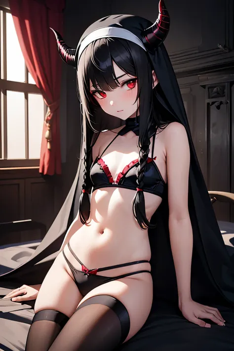 Ultra realistic girl 8 years old, body , long black hair frinje braided ,red  eyes, succubus , horns , nun , seios planos , highleg panties , melancolic face ,night dungeon , demon tail. 