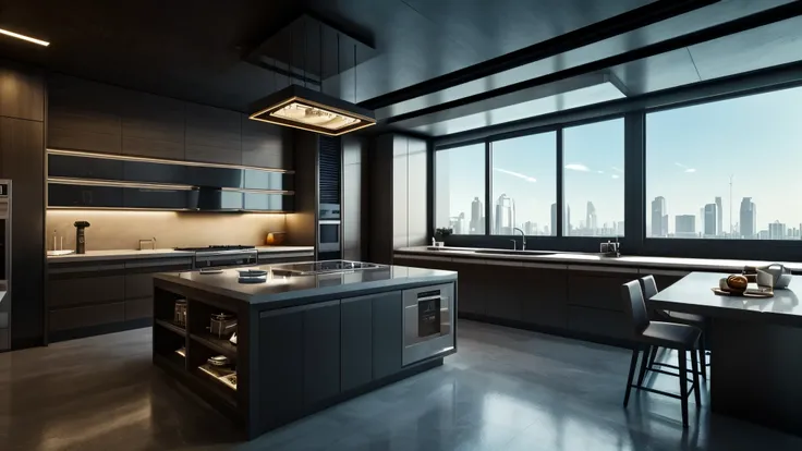 scifi, architectual, cyberpunk, futuristic, luxury kitchen, hightech, hard-surface design, daylight, much space, very cozy, ambient light, realistic view, wide angle, year 2124