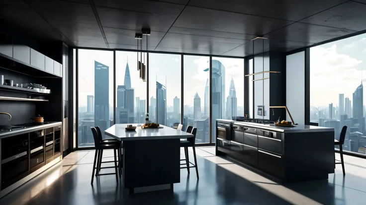 scifi, architectual, cyberpunk, futuristic, luxury kitchen, hightech, hard-surface design, daylight, much space, very cozy, ambient light, realistic view, wide angle, year 2124