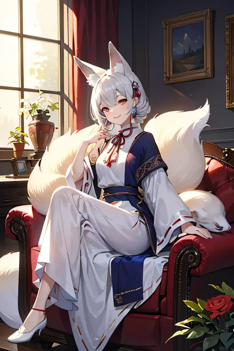 Best quality, masterpiece, A mature fox woman in homemade clothes is sitting in the living room and smiling playfully