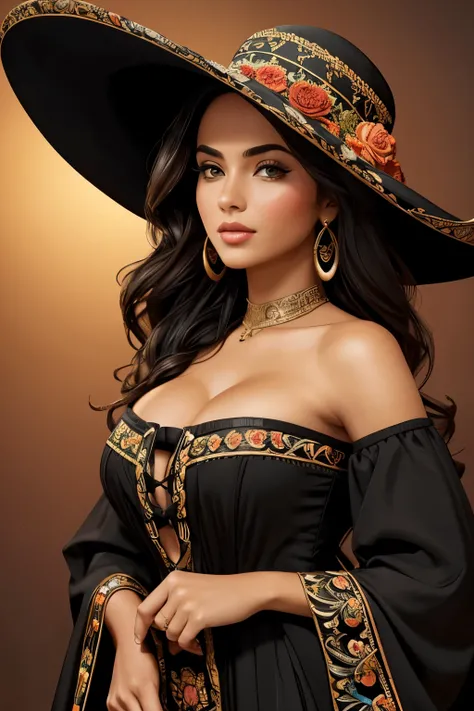 Stylized real still showing a beautiful, gorgeous woman with long, wavy hair, wearing a large, ornate mariachi hat. The hat is black with intricate patterns along the brim. The woman has a light complexion, full lips, and is dressed in a strapless top with...