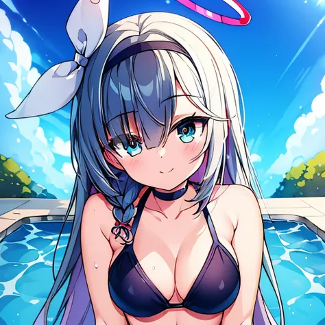 ((masterpiece)), ((best quality)), (ultra-detailed), pool,  a cute girl, 1girl, solo, bikini, ((beautiful eyes)), smile