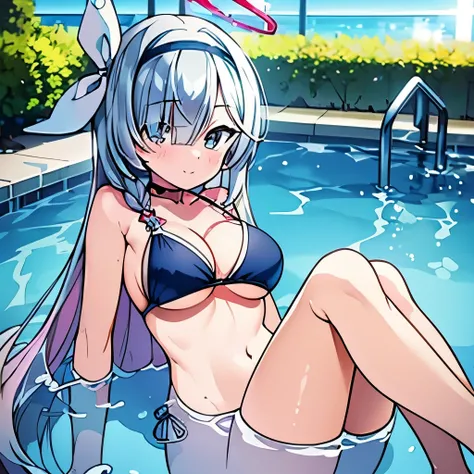 ((masterpiece)), ((best quality)), (ultra-detailed), pool,  a cute girl, 1girl, solo, bikini, ((beautiful eyes)), smile