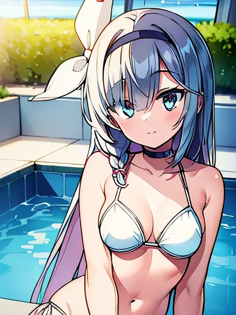 ((masterpiece)), ((best quality)), (ultra-detailed), pool, a cute girl, 1girl, solo, bikini, ((beautiful eyes)), smile