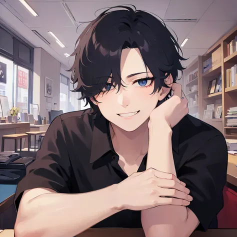 leaning forward,masterpiece,Highest quality,BREAK (A 29-year-old man:1.5) and (Black short hair) and (Blue eyes) and (jitome) and (hair over one eye) BREAK,Black polo shirt,The background is the interior of a second-hand clothing store.,(Bitter smile:1.5),...