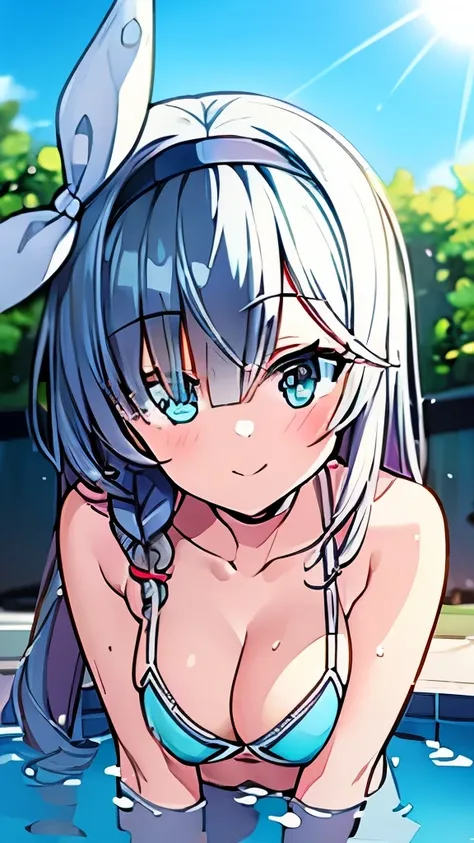 ((masterpiece)), ((best quality)), (ultra-detailed), pool, a cute girl, 1girl, solo, bikini, ((beautiful eyes)), smile