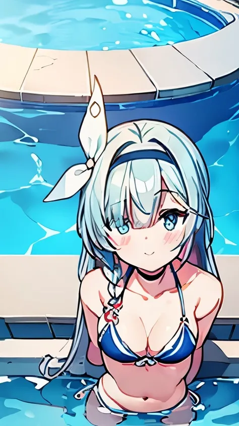 ((masterpiece)), ((best quality)), (ultra-detailed), pool, a cute girl, 1girl, solo, bikini, ((beautiful eyes)), smile