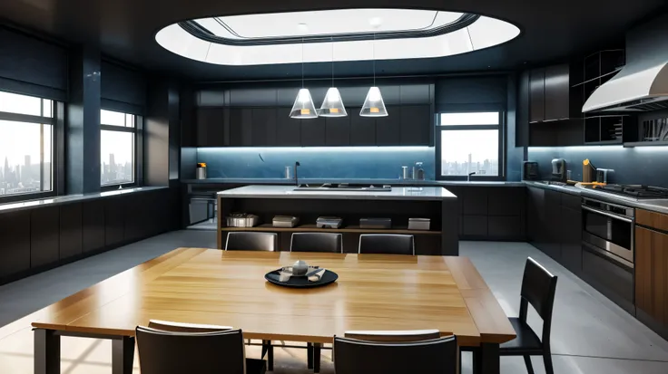 scifi, architectual, cyberpunk, futuristic, luxury kitchen, hightech, hard-surface design, daylight, much tech, much electronic, much space, very cozy, ambient light, realistic view, wide angle, year 2124