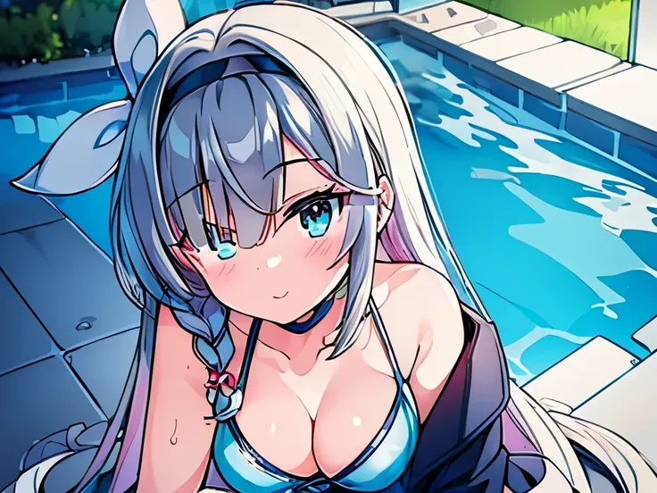 ((masterpiece)), ((best quality)), (ultra-detailed), pool, a cute girl, 1girl, solo, bikini, ((beautiful eyes)), smile