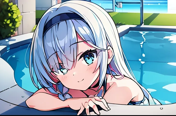 ((masterpiece)), ((best quality)), (ultra-detailed), pool, a cute girl, 1girl, solo, bikini, ((beautiful eyes)), smile