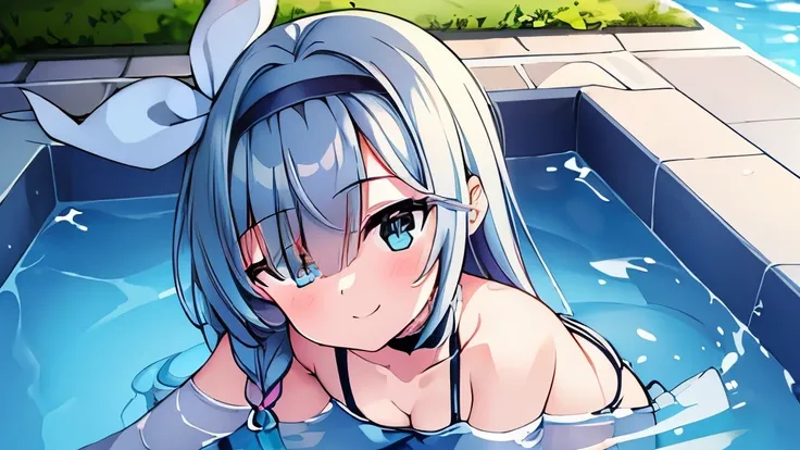 ((masterpiece)), ((best quality)), (ultra-detailed), pool, a cute girl, 1girl, solo, bikini, ((beautiful eyes)), smile